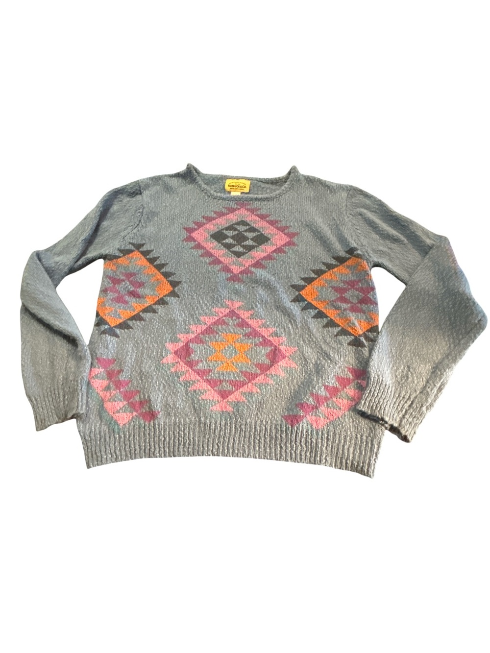 Aztec Geometric Print Blue Knit Crewneck Southwestern Boho Sweater Size M